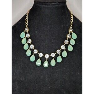 Danielle Stevens Gold Tone Statement Necklace Light Green Clear Rhinestones
